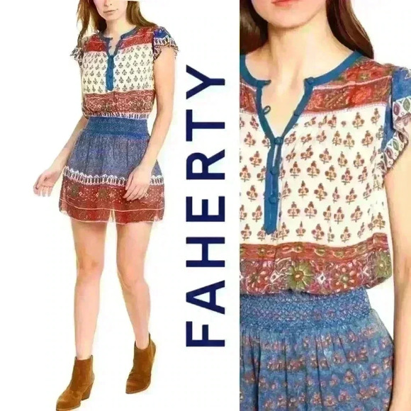 NWT FAHERTY Boho Bemini Hand Painted Mini Dress - Picture 1 of 12